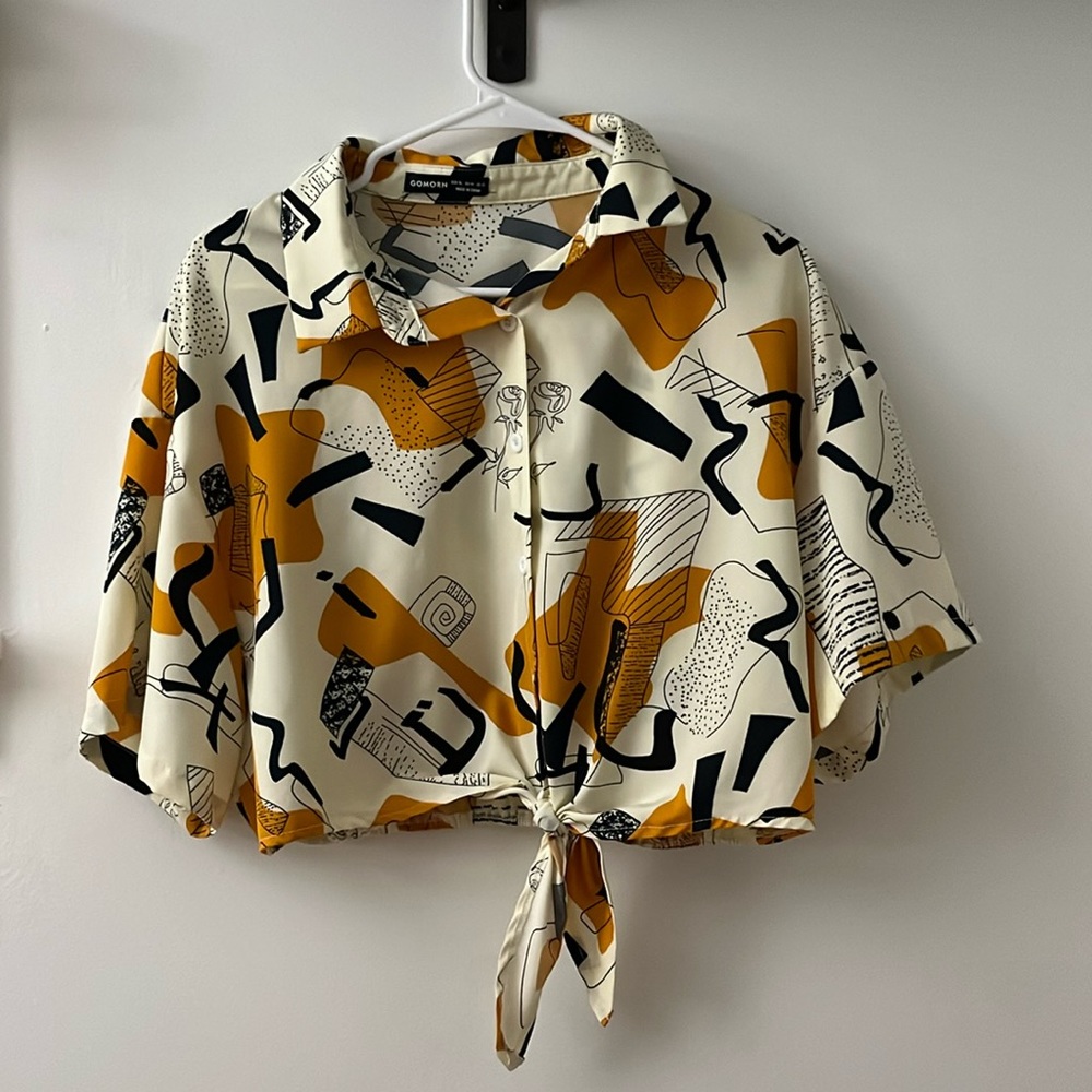 Button Up Orange and Black Design Cropped Top
